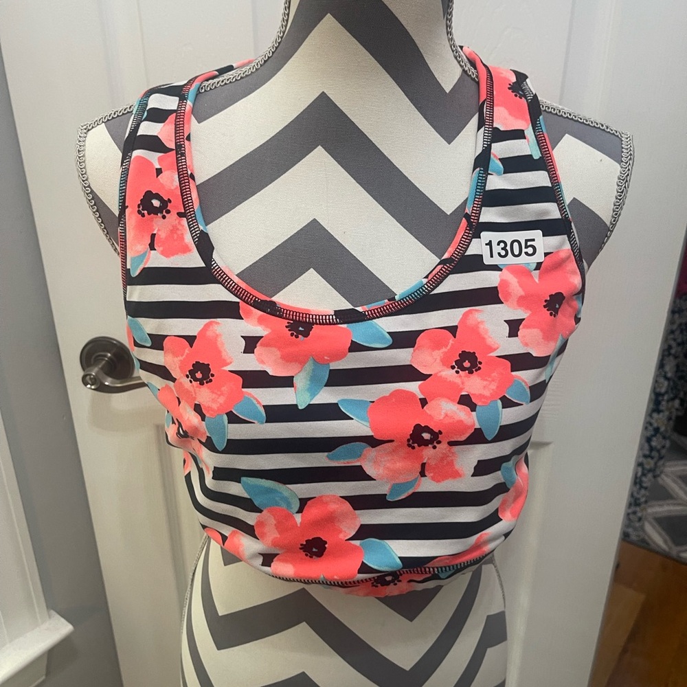 ZELOS Floral Striped Sports Bra - Black, White, Pink, Blue - Picture 2 of 13
